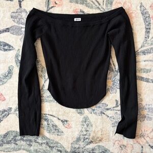 Garage Off-Shoulder Ribbed Long Sleeve Top - Black